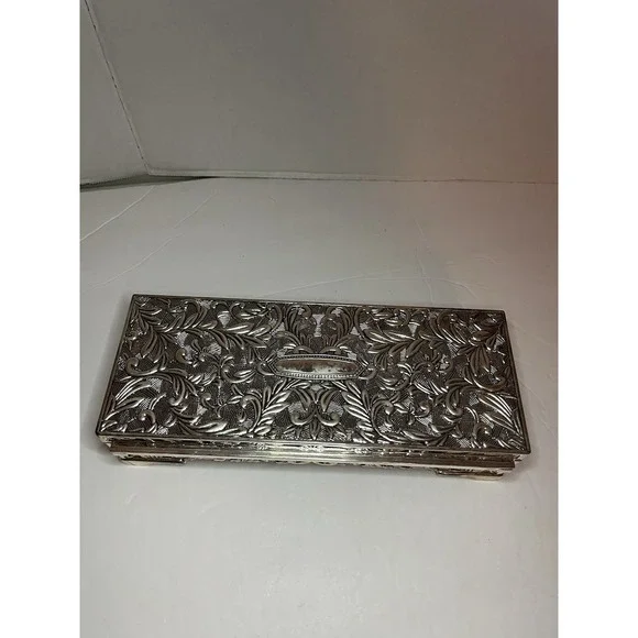 Godinger Silverplate Jewelry Box Floral Pattern W/ Lining Miror Hinged Vintage - Picture 4 of 9
